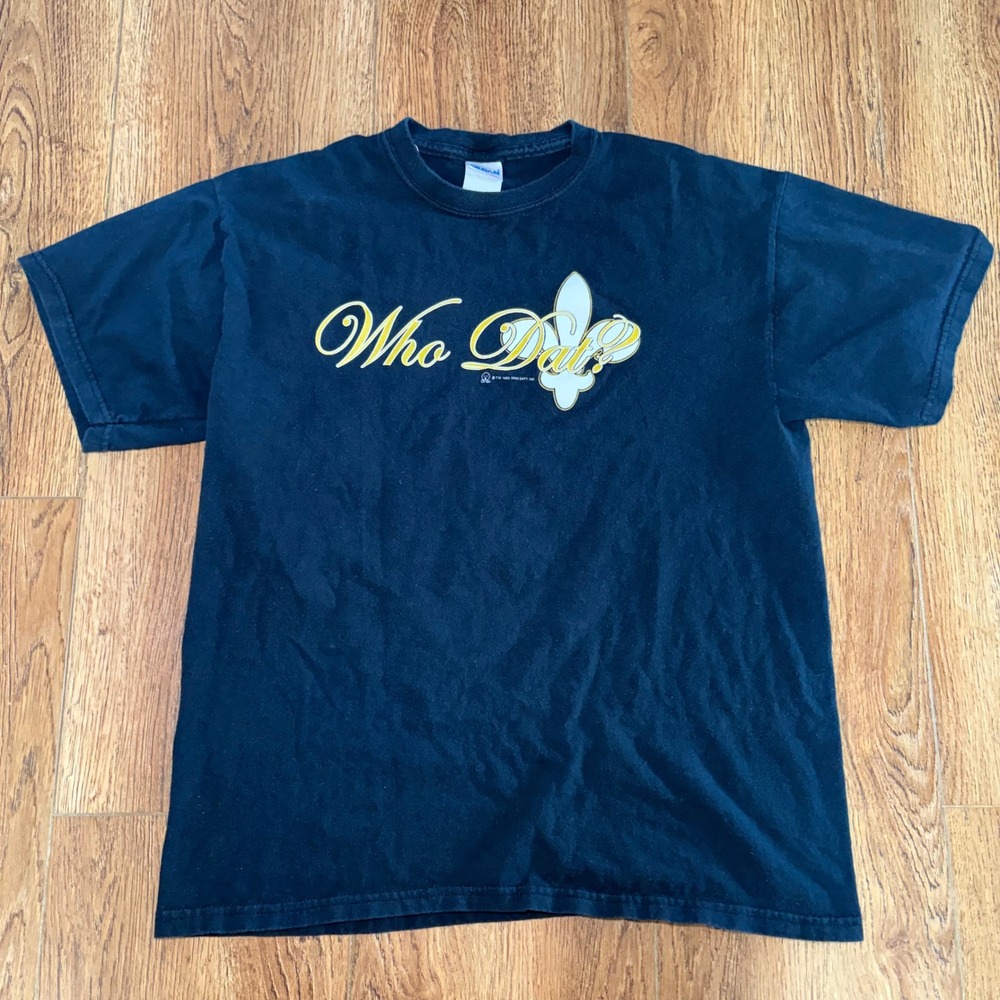 VTG New Orleans Saints Who Dat T Shirt L Black Gildan NFL Fleur De Lis Tee